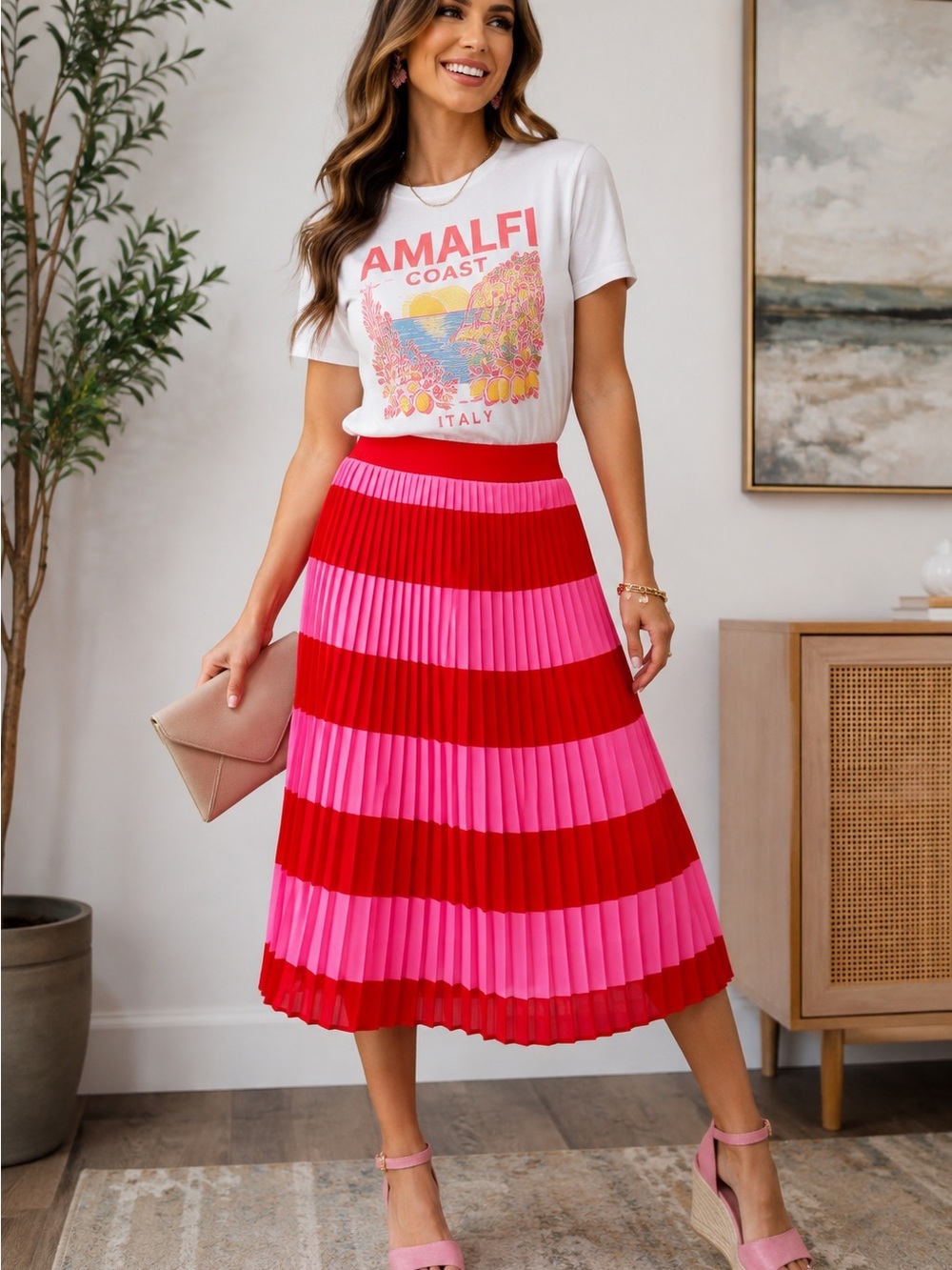 J.Crew Pleated Midi Skirt Red Pink Colorblock Stripe Size 2